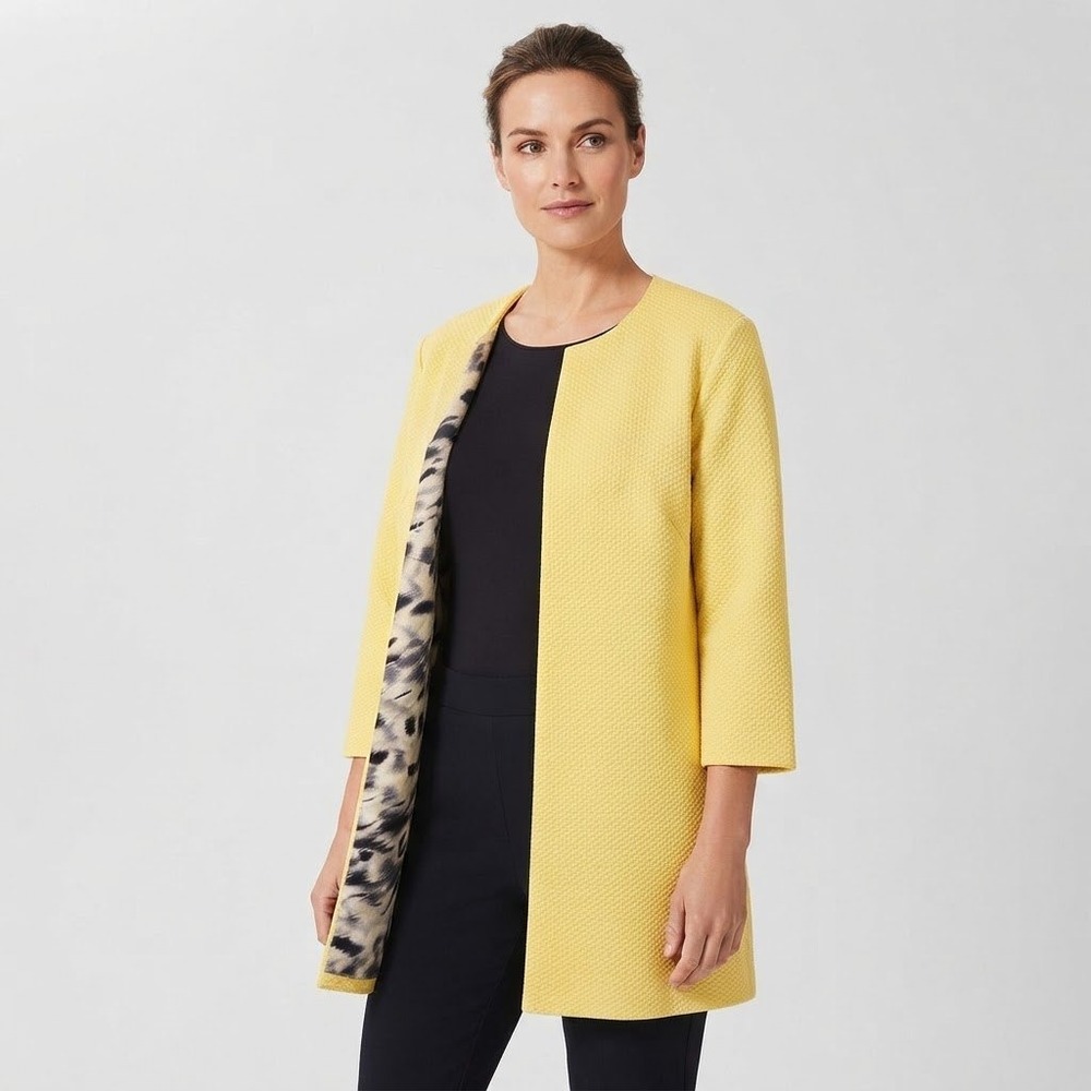 Hazel Mae Coat 1X Yellow Open Front Blazer Textured Leopard Lining Career Office